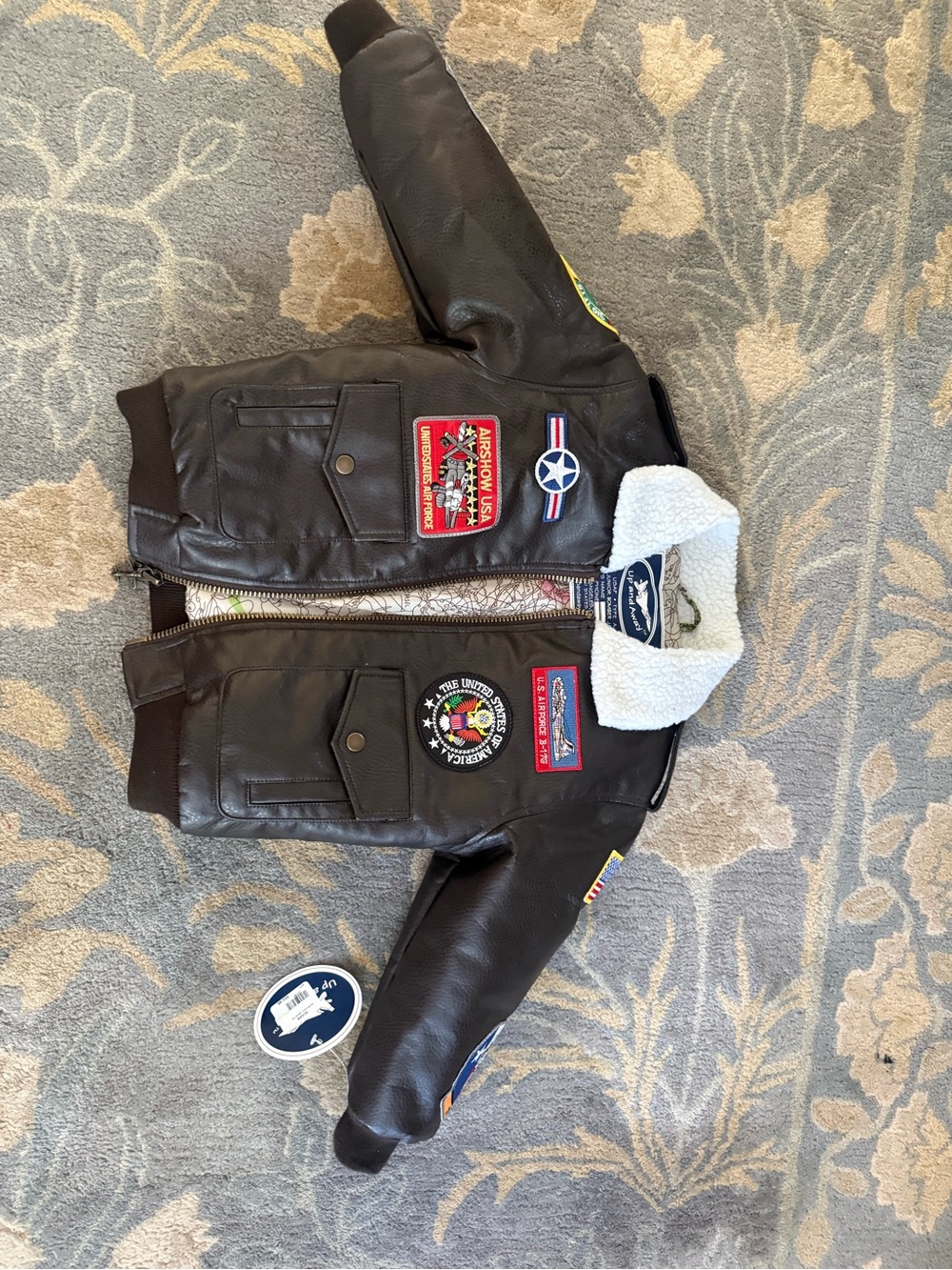 Kids Black Faux-Leather Bomber Jacket with Sherpa Collar and Aviation Patches